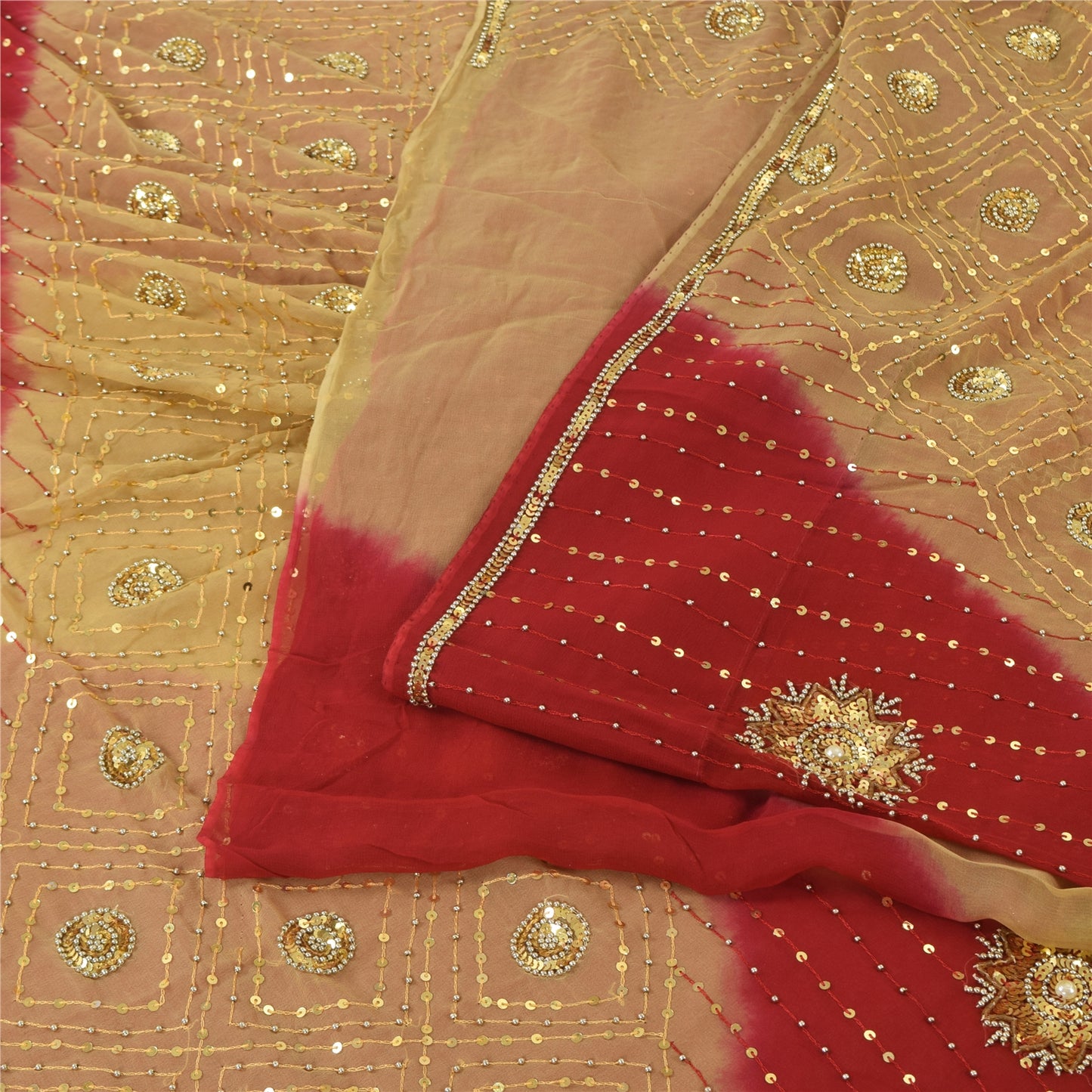 Sanskriti Vintage Red/Beige Sarees Pure Georgette Hand Beaded Sari Craft Fabric