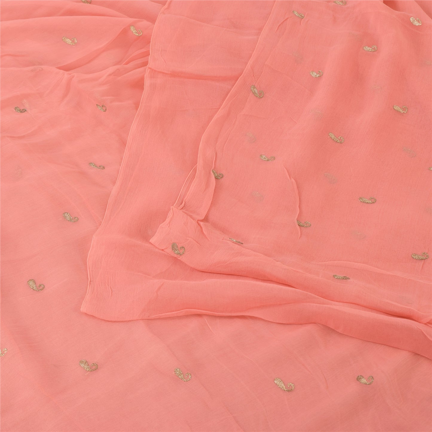 Sanskriti Vintage Sarees Peach Embroidery Pure Chiffon Silk Sari 6ydCraft Fabric