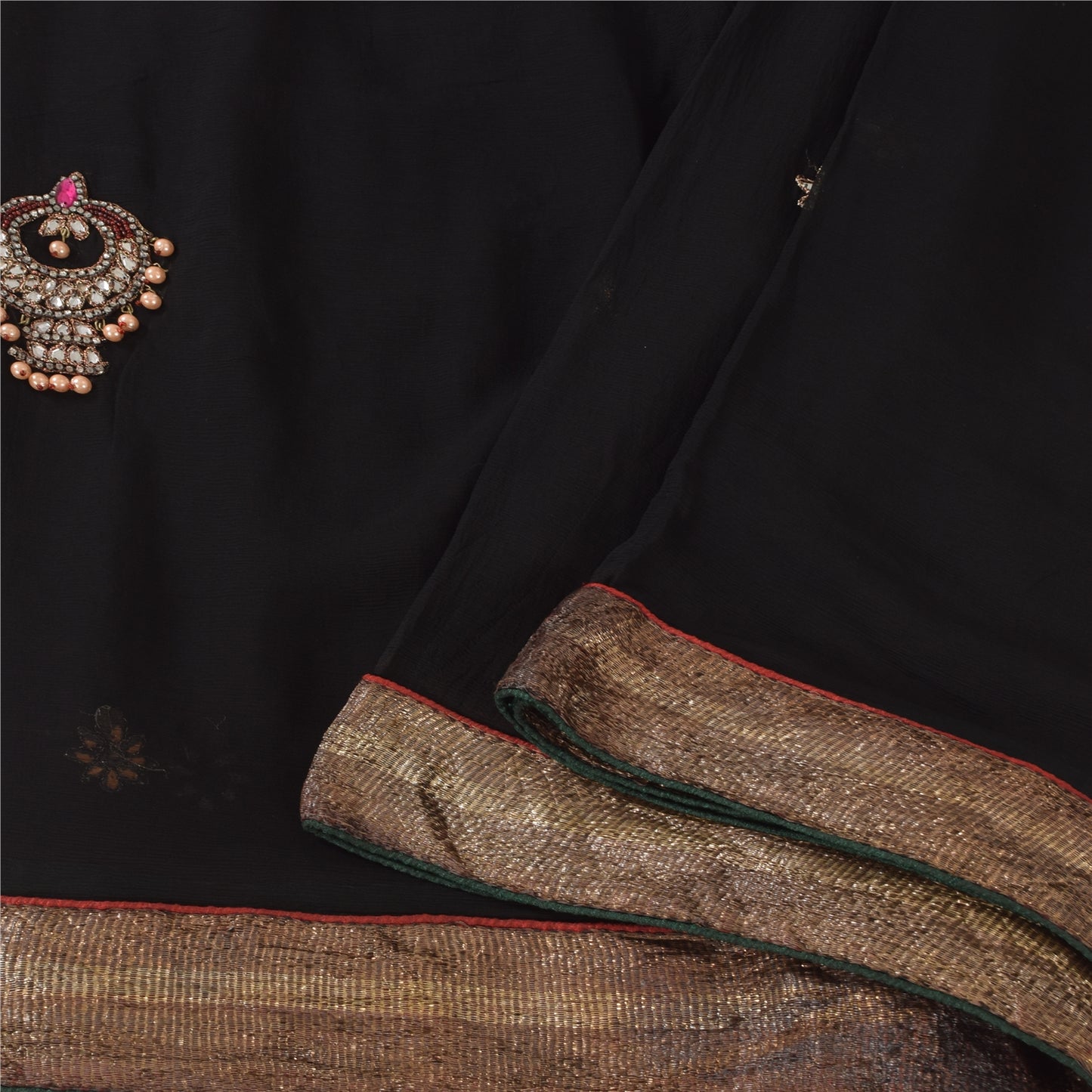 Sanskriti Vintage Sarees Black Hand Beaded Pure Chiffon Silk Sari Craft Fabric