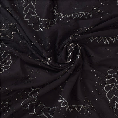 Sanskriti Vintage Black Sarees Pure Chiffon Silk Hand Beaded Sari Mukiesh Fabric