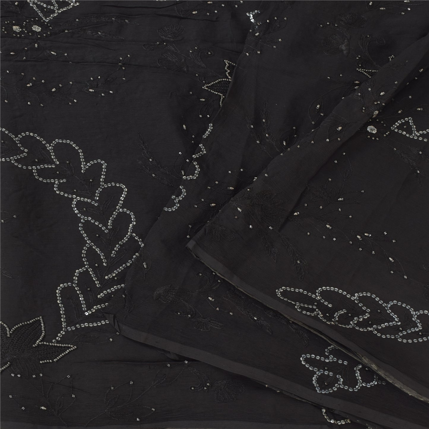 Sanskriti Vintage Black Sarees Pure Chiffon Silk Hand Beaded Sari Mukiesh Fabric