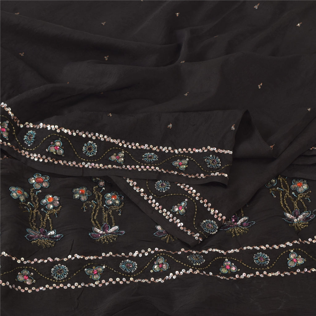 Sanskriti Vintage Black Sarees Pure Silk Hand Beaded Premium Sari Craft Fabric