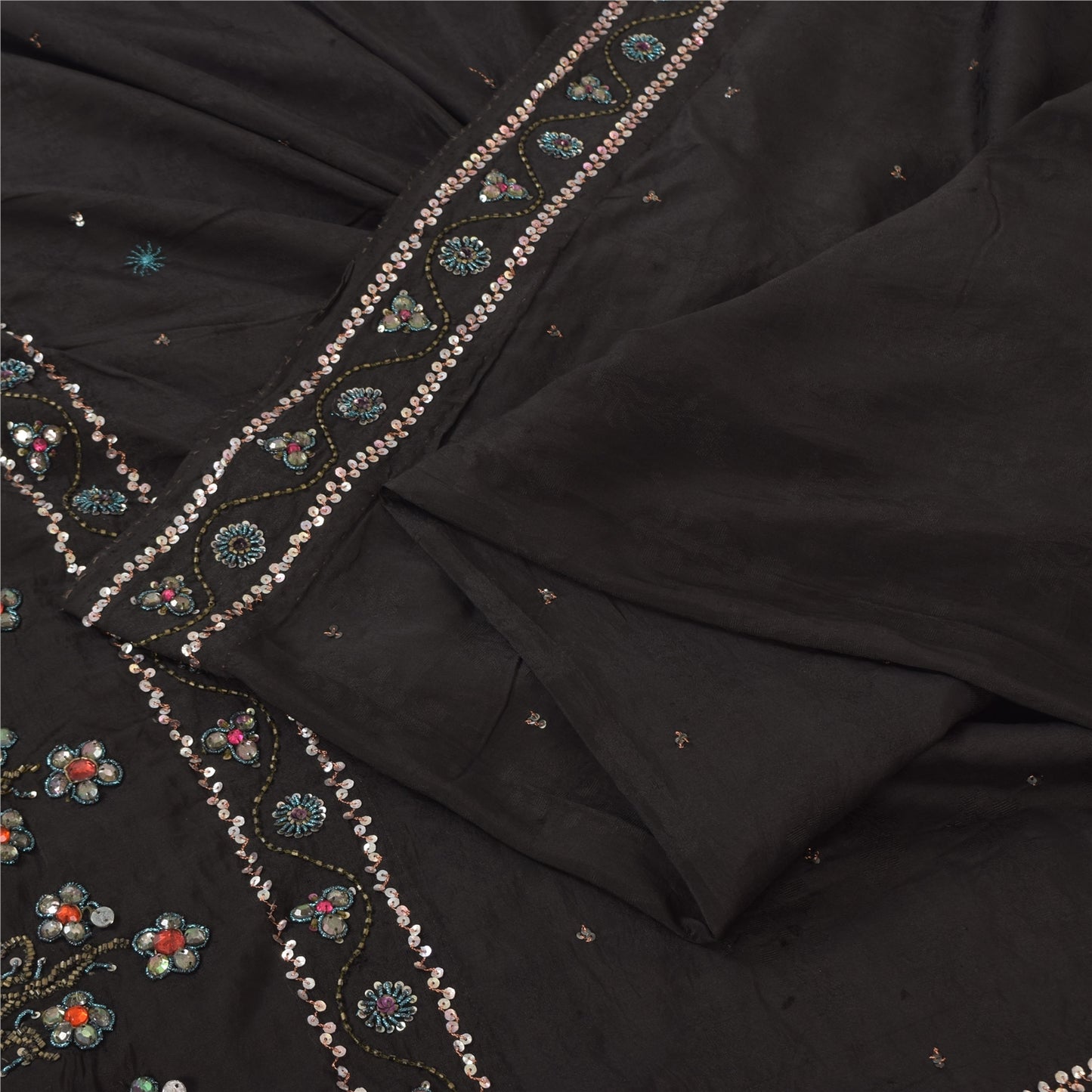 Sanskriti Vintage Black Sarees Pure Silk Hand Beaded Premium Sari Craft Fabric