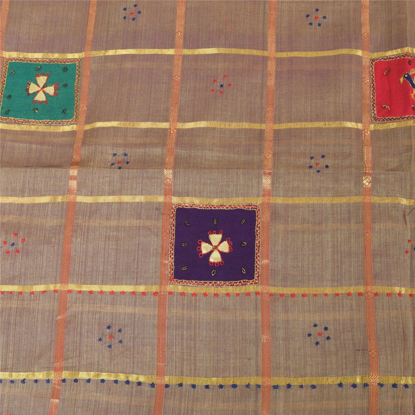 Sanskriti Vintage Brown Sarees Pure Cotton Hand Embroidered Sari 5ydCraft Fabric