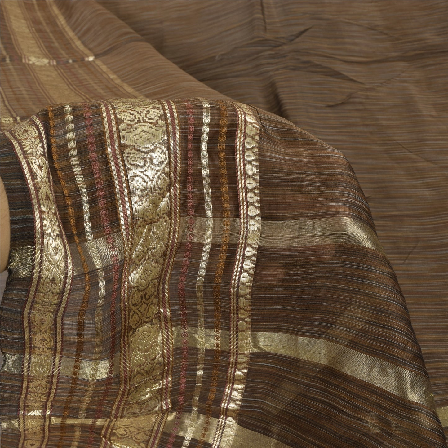 Sanskriti Vintage Indian Brown Sarees Pure Silk Woven Premium Sari Craft Fabric