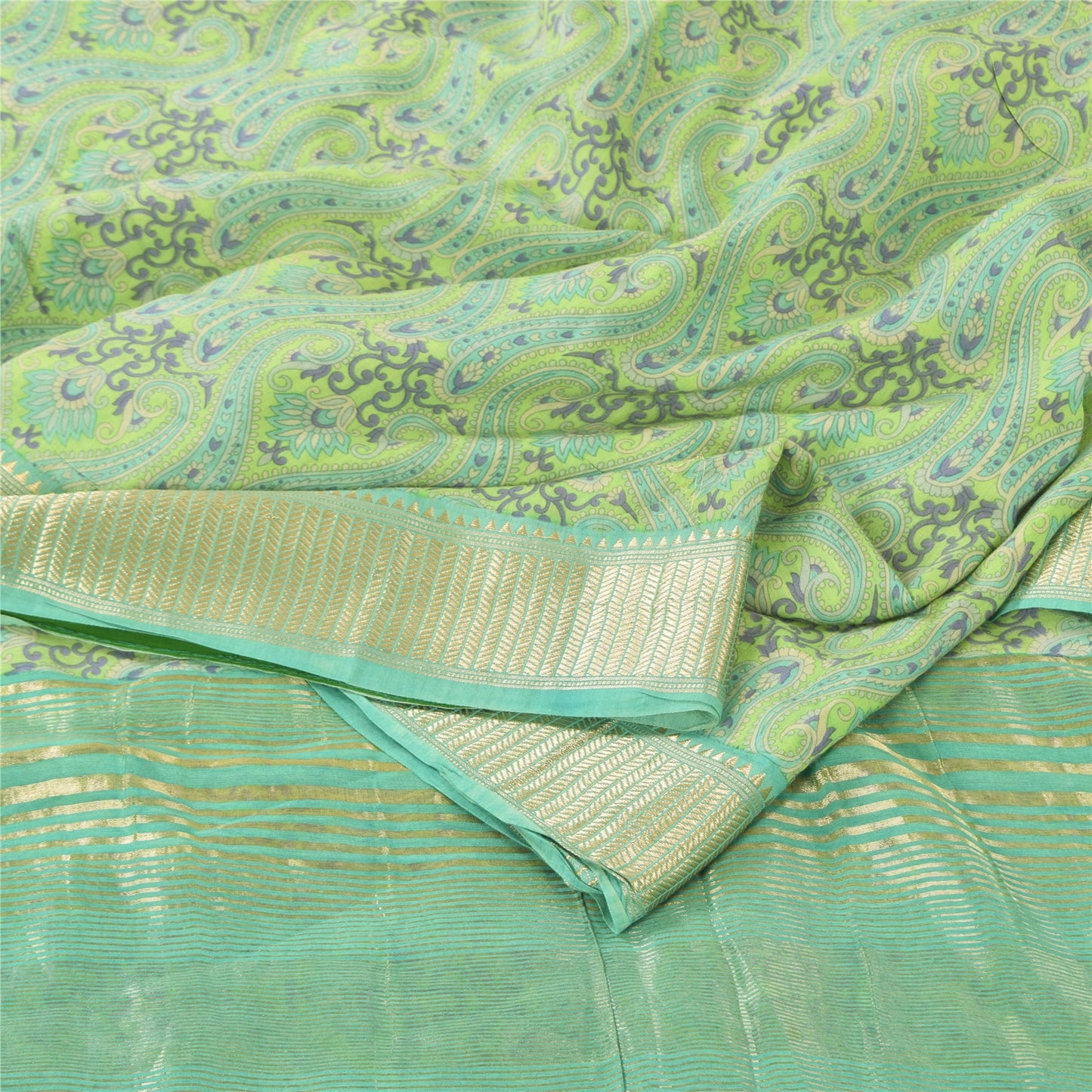 Sanskriti Vintage Green Sarees Pure Cotton Printed Premium Sari 5yd Craft Fabric