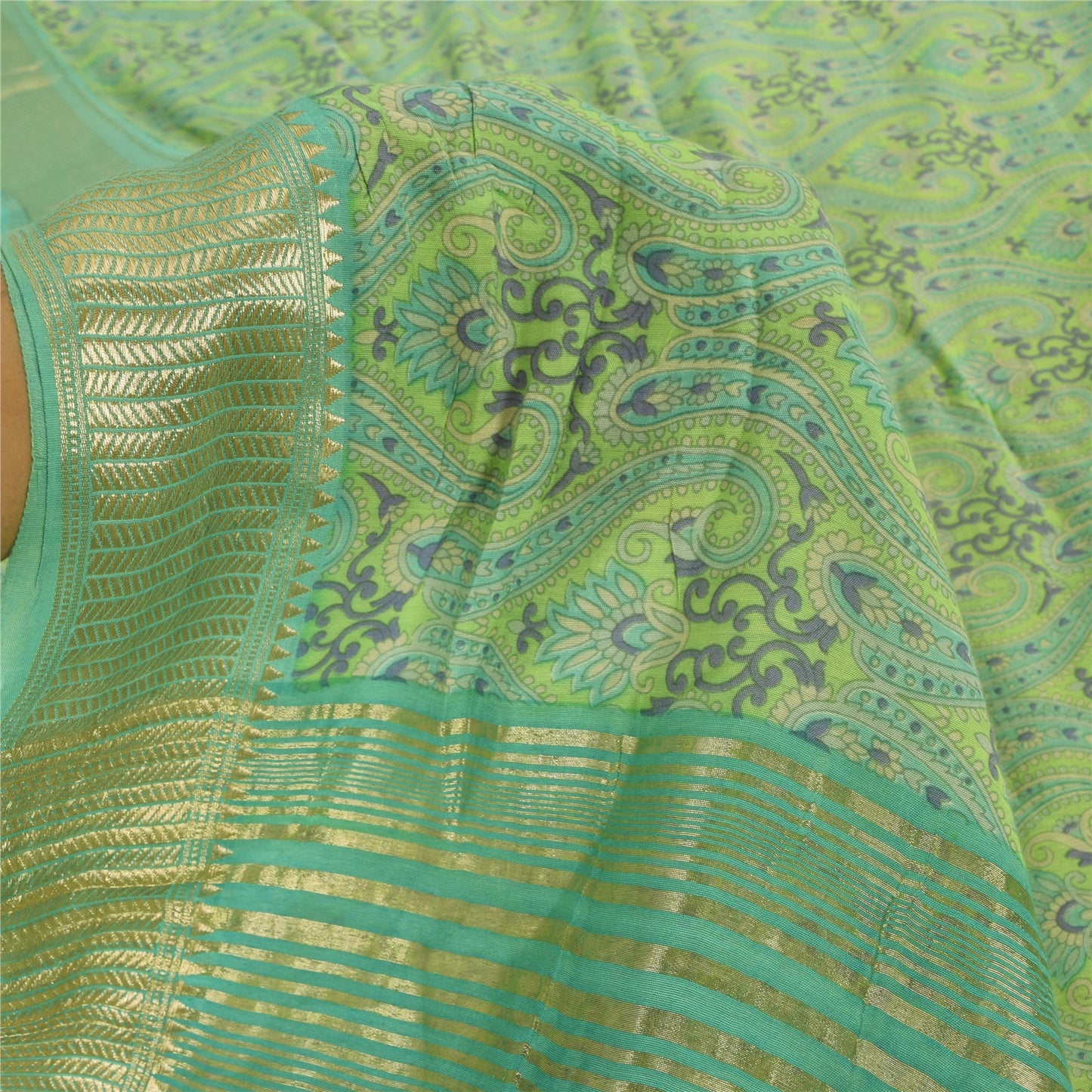 Sanskriti Vintage Green Sarees Pure Cotton Printed Premium Sari 5yd Craft Fabric