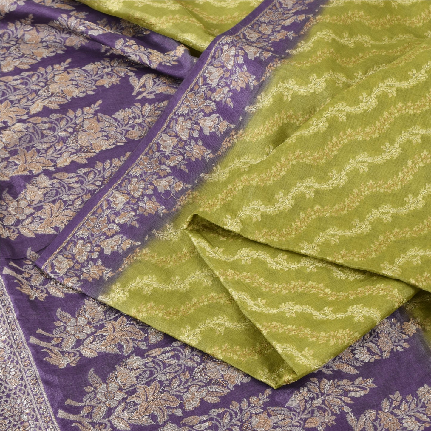 Sanskriti Vintage Purple/Green Sarees Pure Silk Woven Premium Sari Craft Fabric