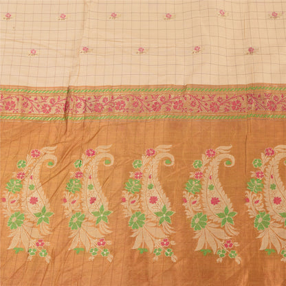 Sanskriti Vintage Golden/Ivory Sarees Pure Silk Hand Woven Sari 6yd Craft Fabric