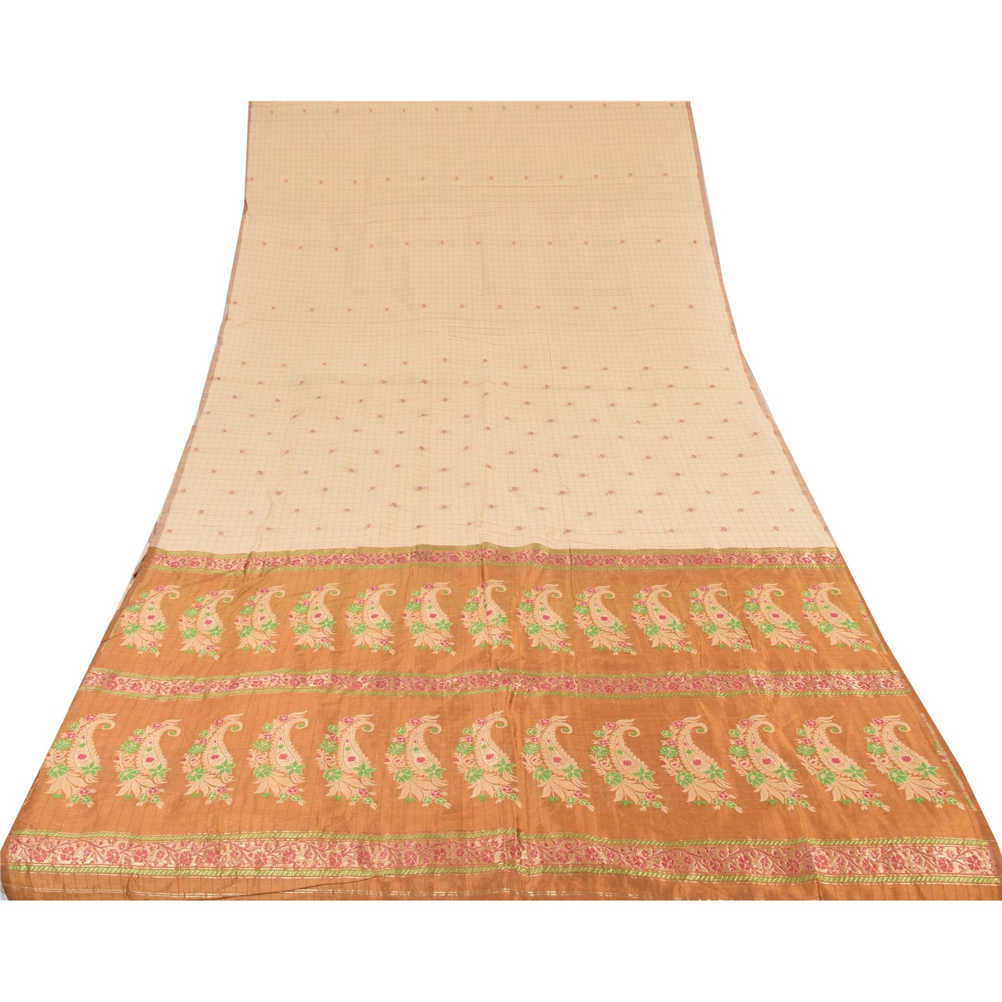 Sanskriti Vintage Golden/Ivory Sarees Pure Silk Hand Woven Sari 6yd Craft Fabric