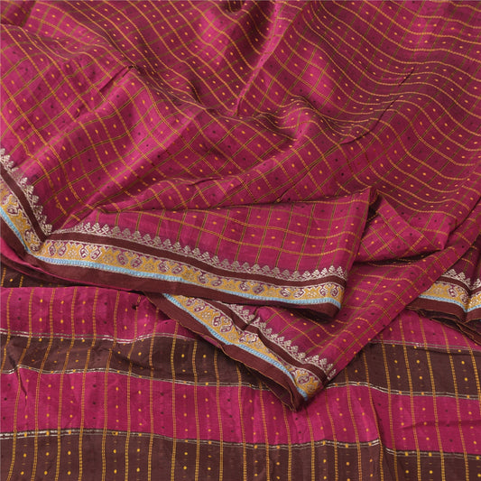 Sanskriti Vintage Magenta/Brown Sarees Cotton Silk Embroidered Sari Craft Fabric