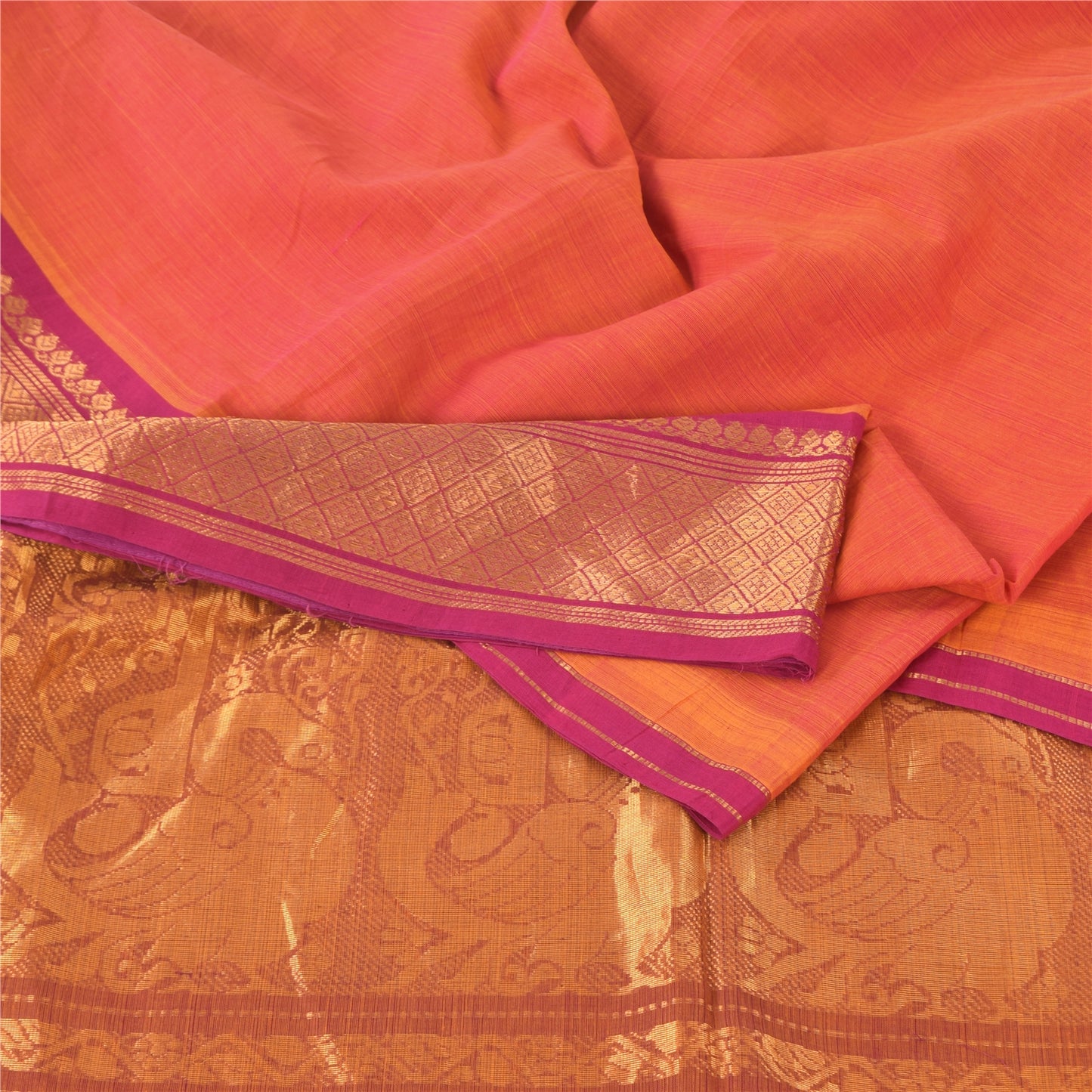 Sanskriti Vintage Orange Sarees Pure Cotton Woven Premium Sari 5+yd Craft Fabric