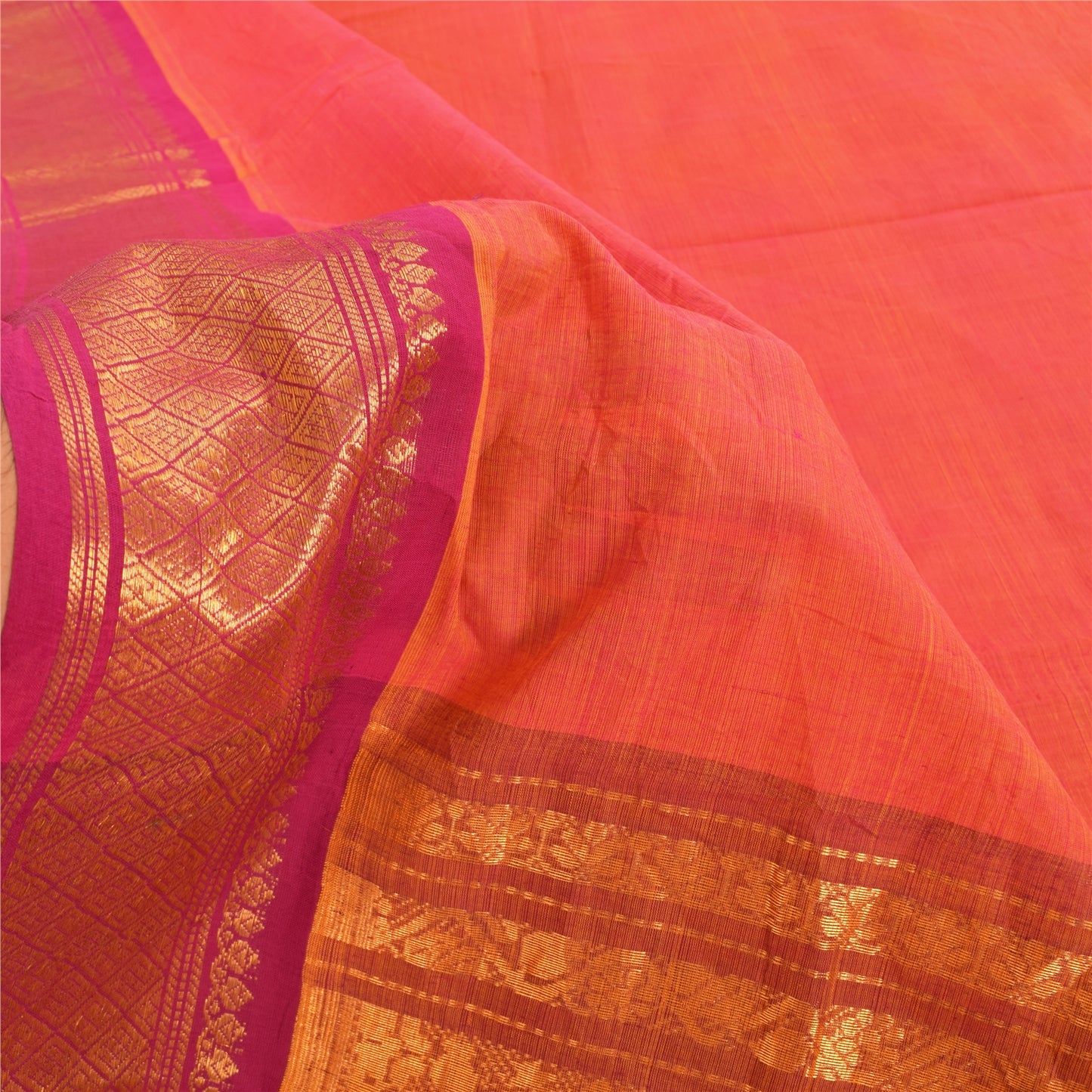 Sanskriti Vintage Orange Sarees Pure Cotton Woven Premium Sari 5+yd Craft Fabric