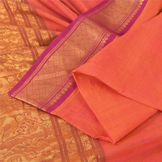 Sanskriti Vintage Orange Sarees Pure Cotton Woven Premium Sari 5+yd Craft Fabric