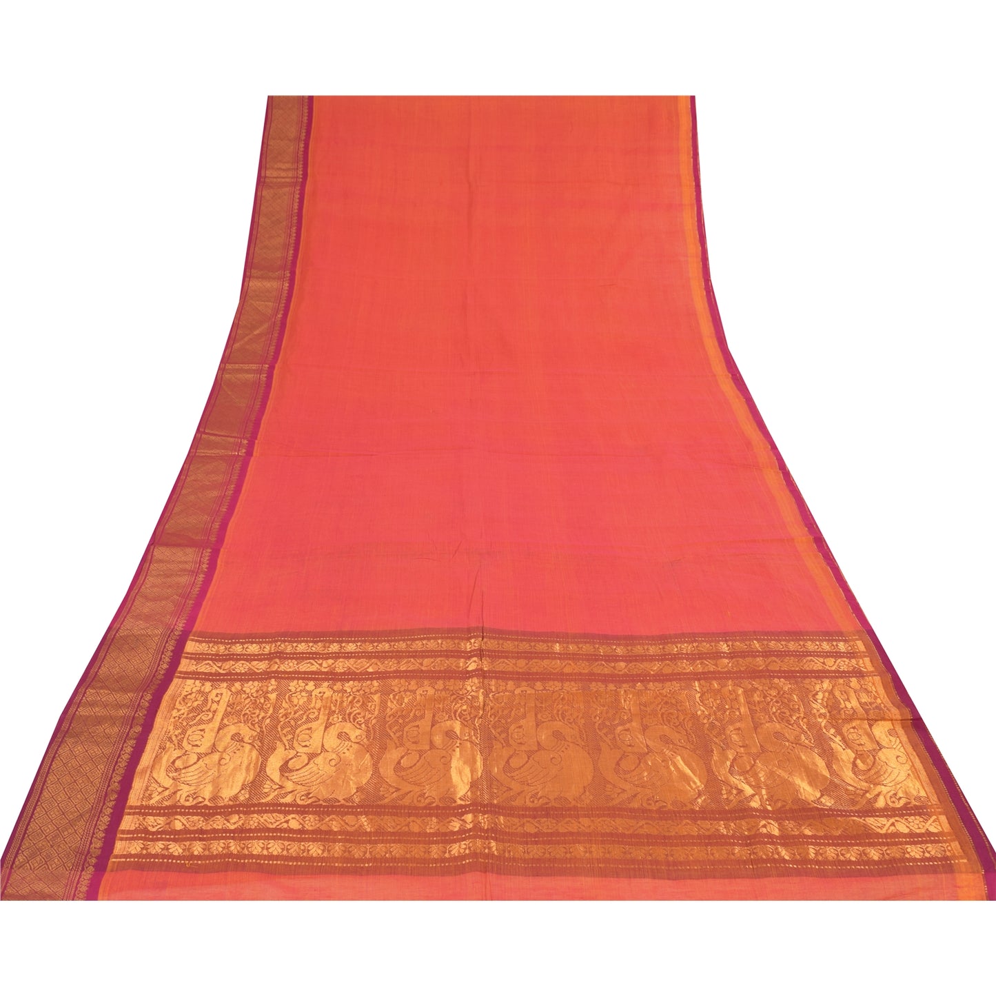 Sanskriti Vintage Orange Sarees Pure Cotton Woven Premium Sari 5+yd Craft Fabric