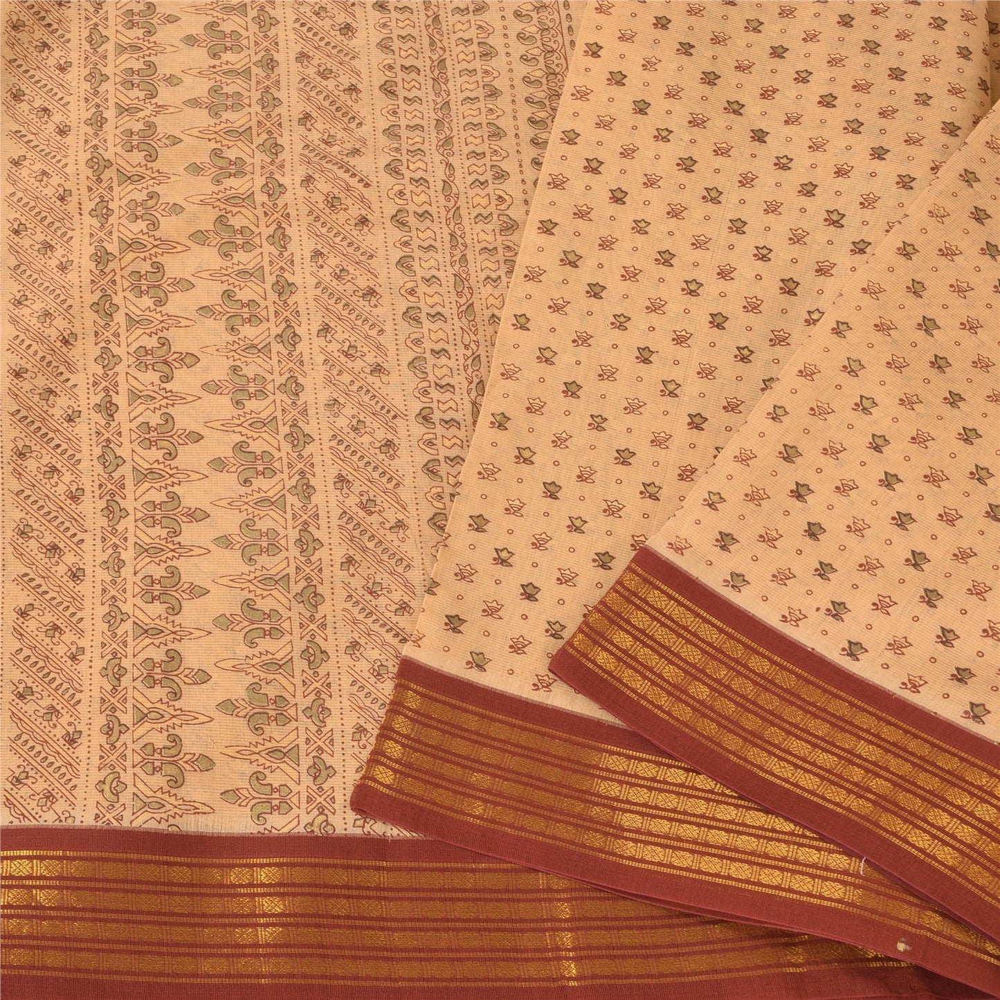 Sanskriti Vintage Cream Sarees Pure Silk Printed Premium Sari 5+ yd Craft Fabric