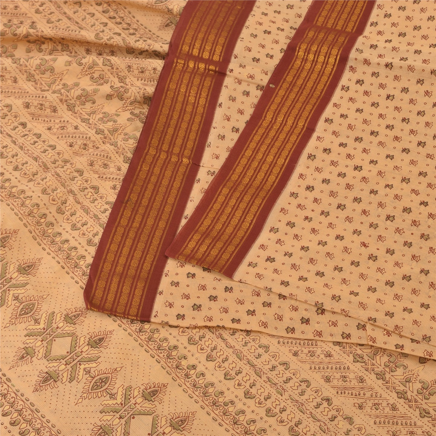 Sanskriti Vintage Cream Sarees Pure Silk Printed Premium Sari 5+ yd Craft Fabric