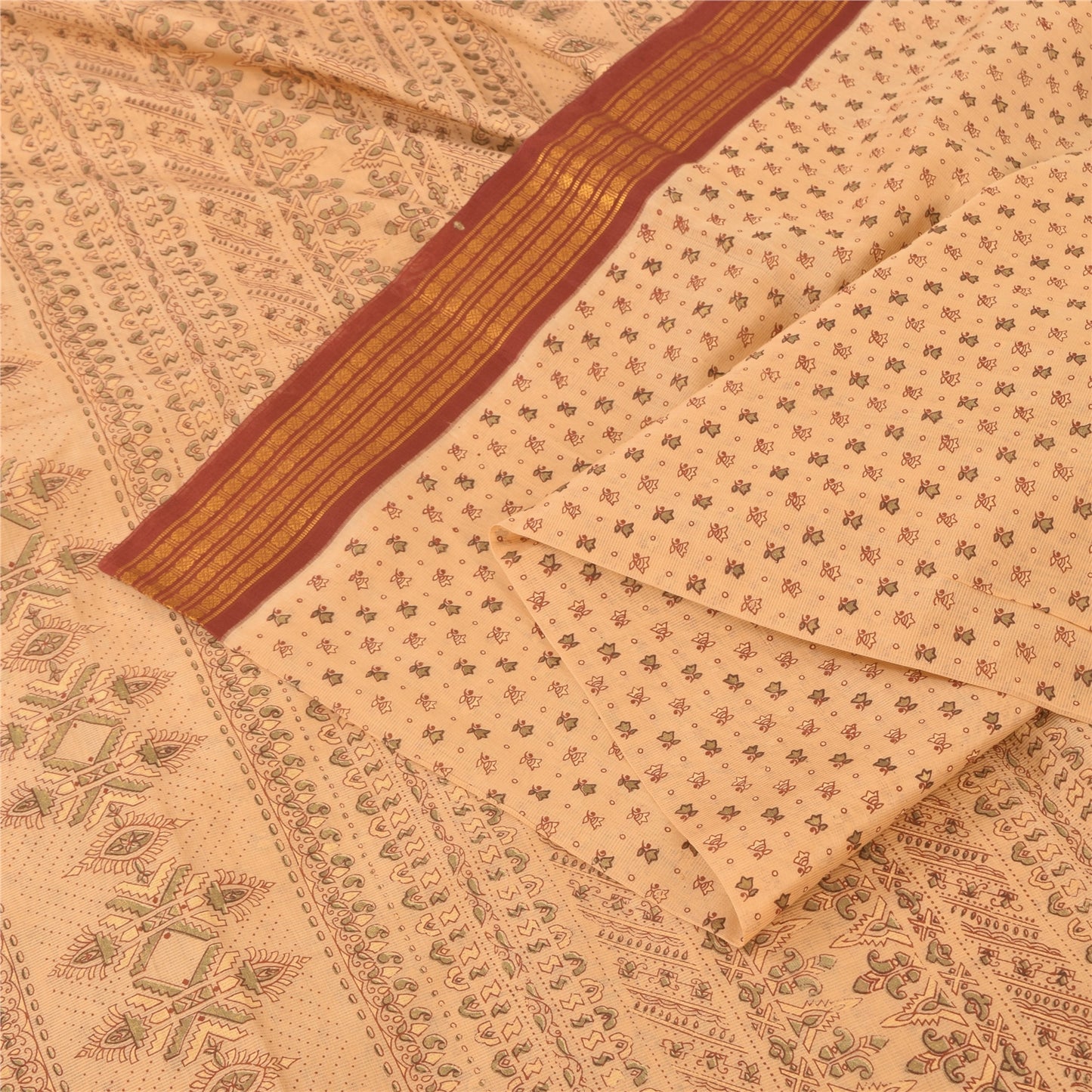 Sanskriti Vintage Cream Sarees Pure Silk Printed Premium Sari 5+ yd Craft Fabric