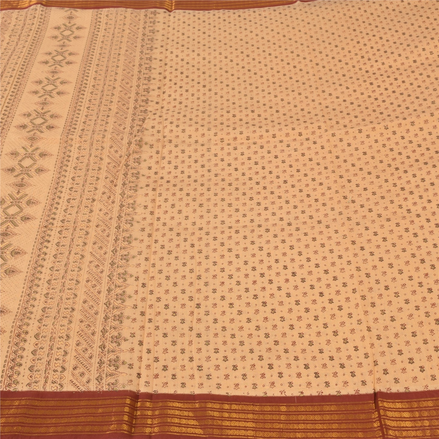 Sanskriti Vintage Cream Sarees Pure Silk Printed Premium Sari 5+ yd Craft Fabric