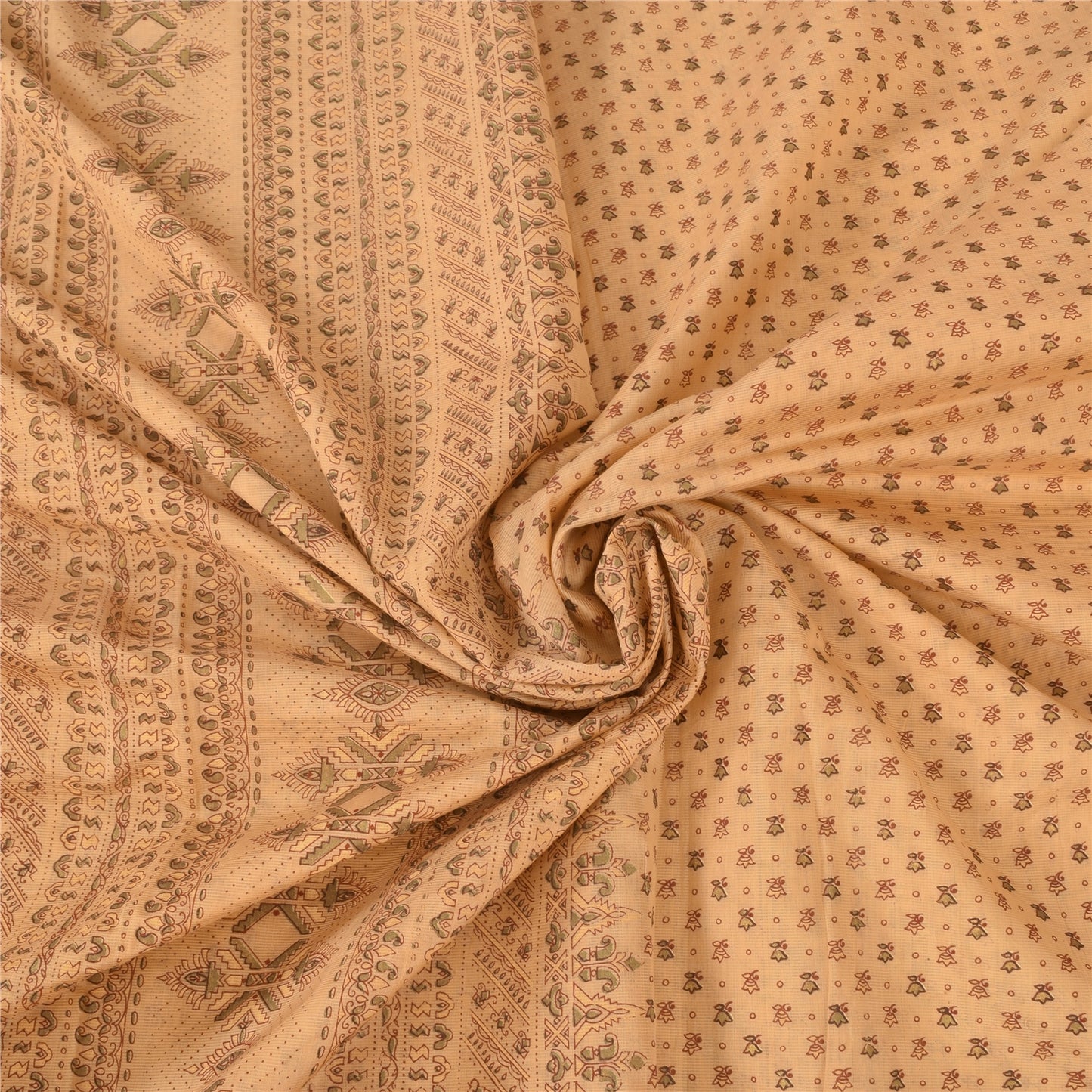 Sanskriti Vintage Cream Sarees Pure Silk Printed Premium Sari 5+ yd Craft Fabric