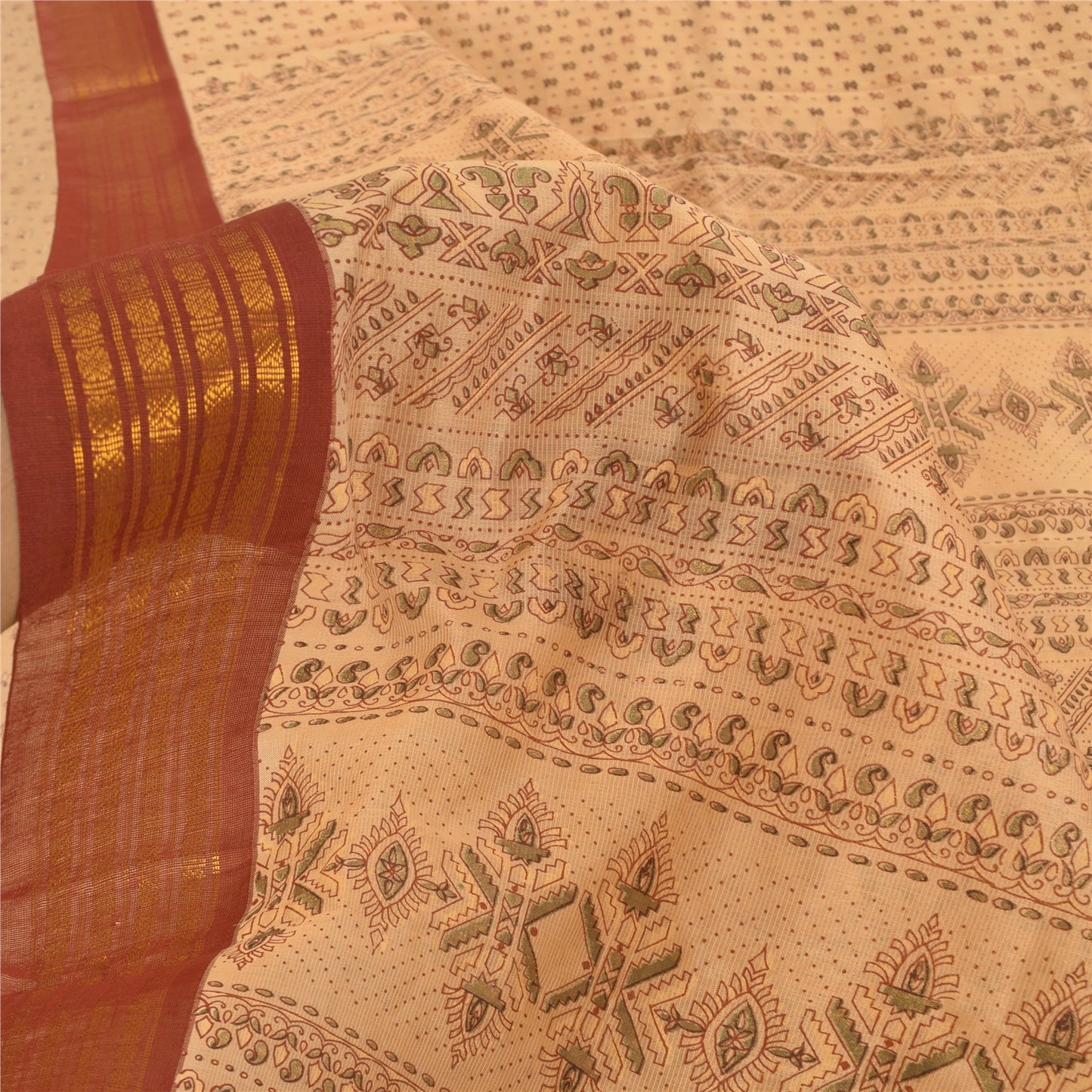 Sanskriti Vintage Cream Sarees Pure Silk Printed Premium Sari 5+ yd Craft Fabric