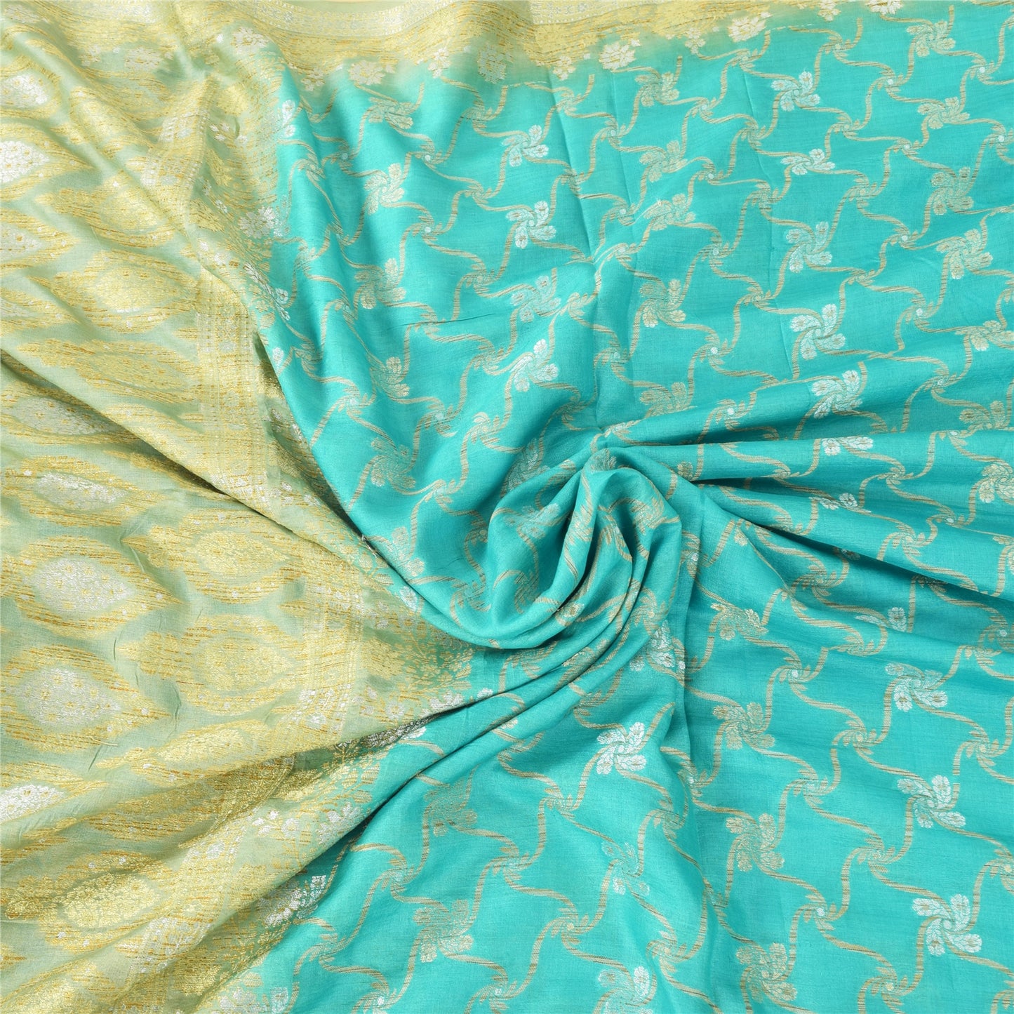 Sanskriti Vintage Blue/Lime Sarees Pure Silk Hand Woven Sari Ethnic Craft Fabric