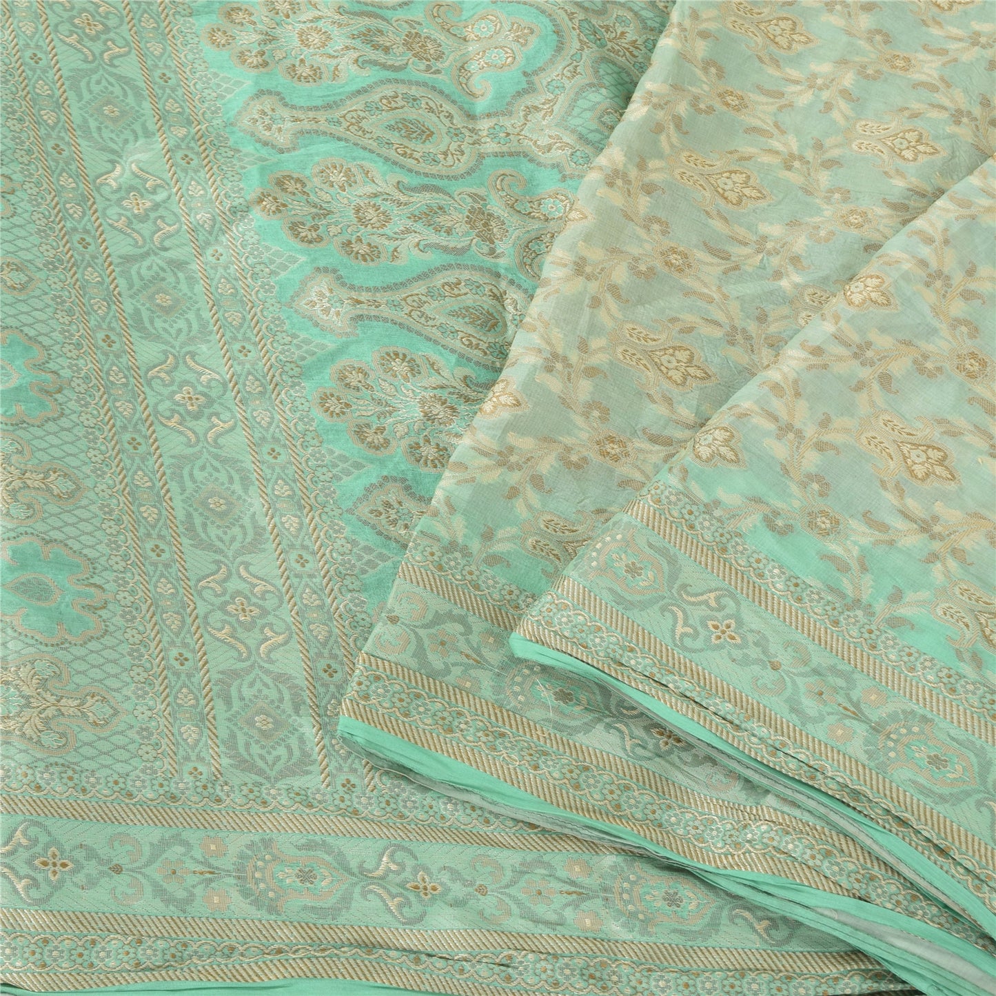 Sanskriti Vintage Green Sarees Pure Silk Printed Premium Sari 5+ yd Craft Fabric