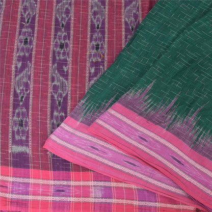 Sanskriti Vintage Green/Purple Sarees Pure Silk Woven Ikat Sari 5yd Craft Fabric