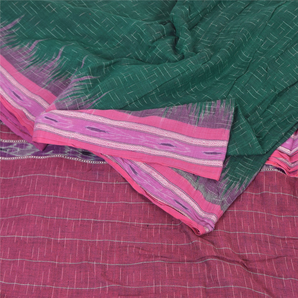 Sanskriti Vintage Green/Purple Sarees Pure Silk Woven Ikat Sari 5yd Craft Fabric