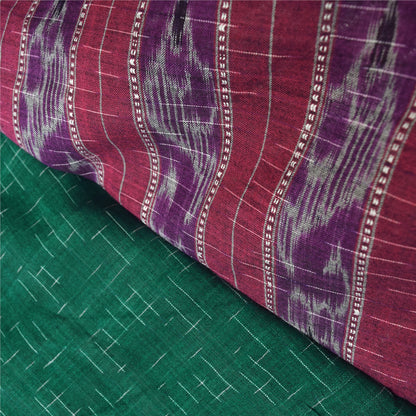 Sanskriti Vintage Green/Purple Sarees Pure Silk Woven Ikat Sari 5yd Craft Fabric