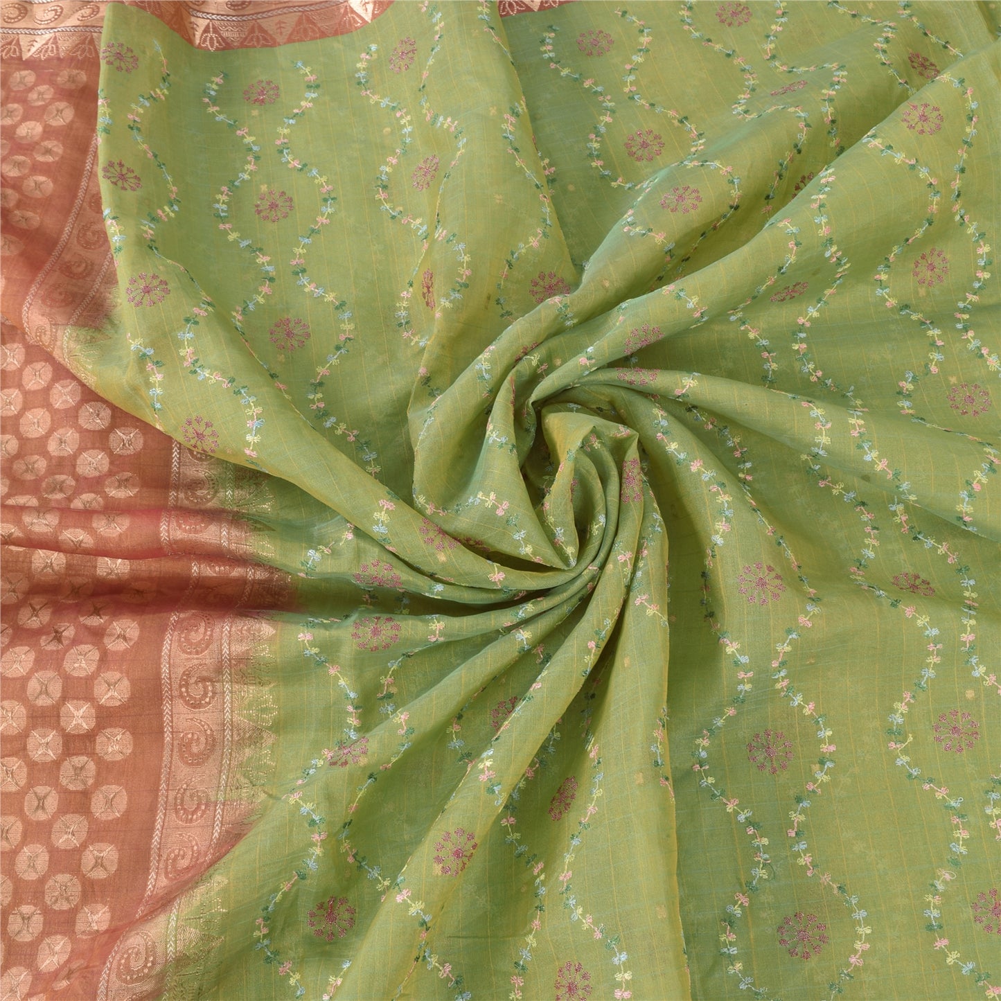 Sanskriti Vintage Green/Brown Sarees Pure Silk Embroidery Sari 5+yd Craft Fabric