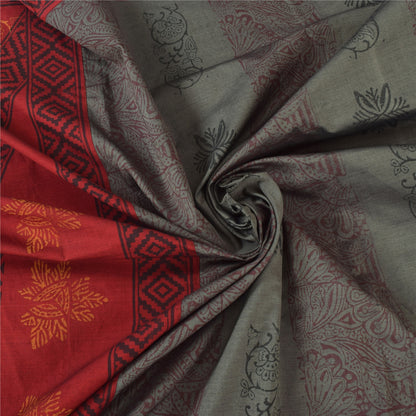 Sanskriti Vintage Red/Gray Sarees Pure Cotton Block Printed Sari 6ydCraft Fabric