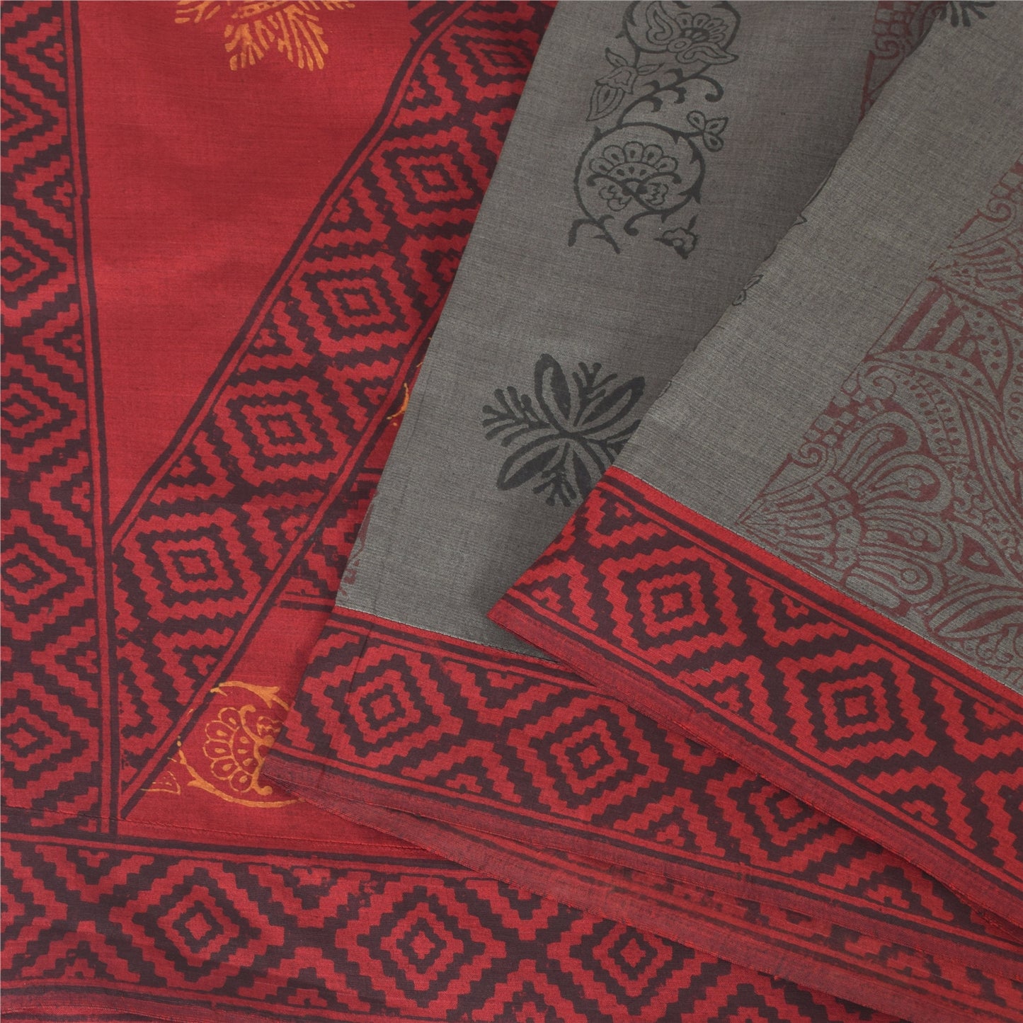 Sanskriti Vintage Red/Gray Sarees Pure Cotton Block Printed Sari 6ydCraft Fabric