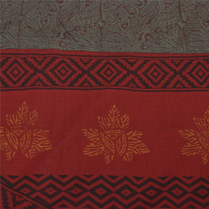 Sanskriti Vintage Red/Gray Sarees Pure Cotton Block Printed Sari 6ydCraft Fabric