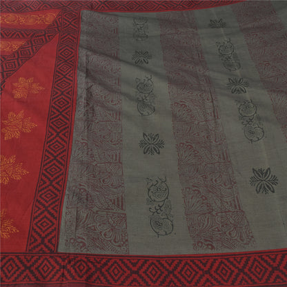 Sanskriti Vintage Red/Gray Sarees Pure Cotton Block Printed Sari 6ydCraft Fabric