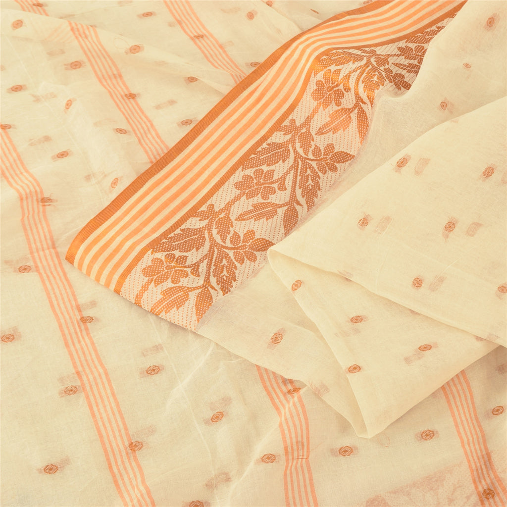 Sanskriti Vintage Ivory Sarees Pure Cotton Woven Premium Sari 5+ yd Craft Fabric