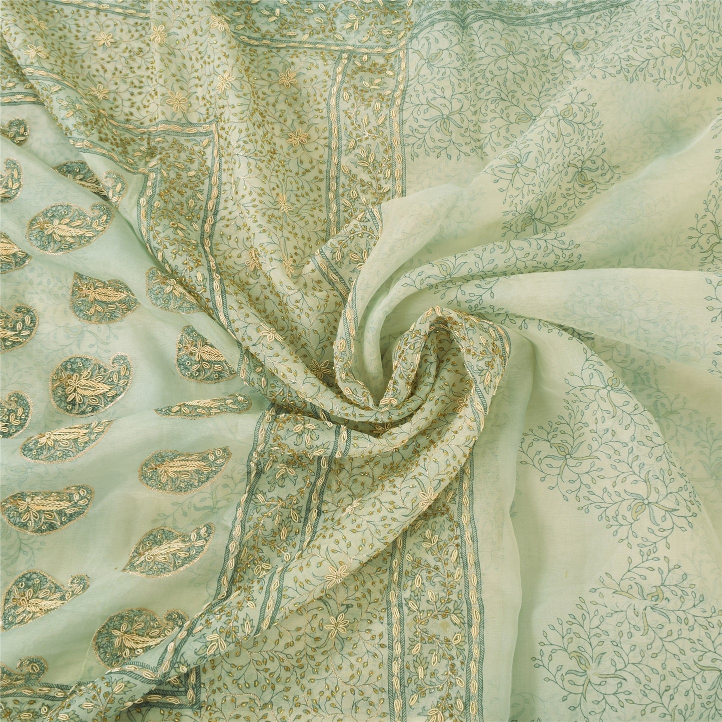 Sanskriti Vintage Mint Green Sarees Pure Silk Hand Beaded Printed Sari Fabric