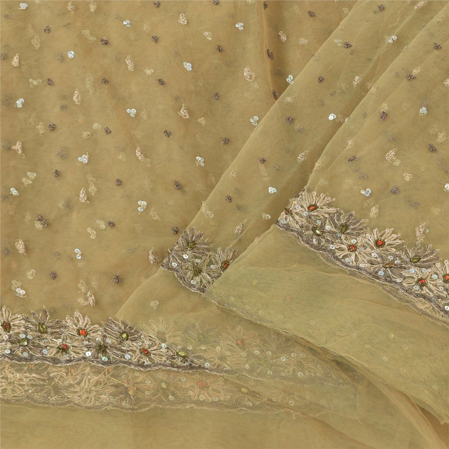 Sanskriti Vintage Indian Cream Sarees Net Hand Beaded Premium Sari Craft Fabric