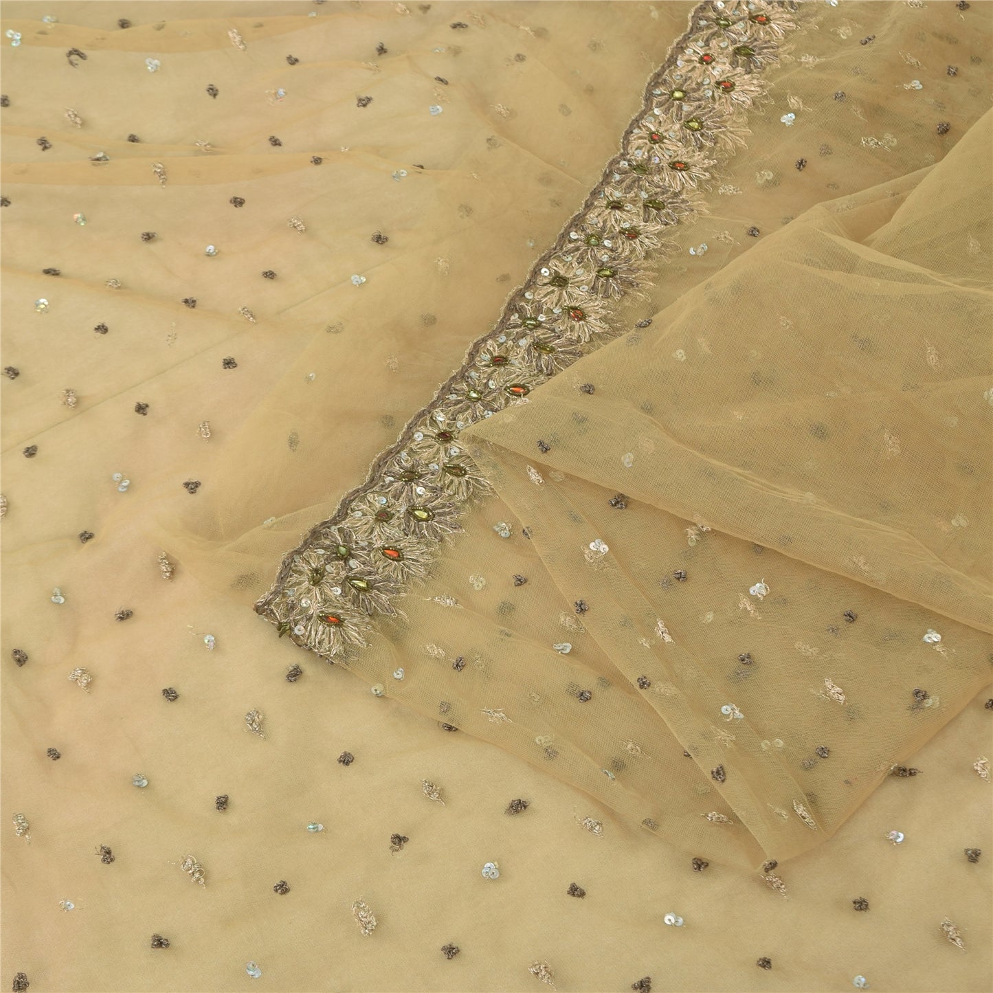 Sanskriti Vintage Indian Cream Sarees Net Hand Beaded Premium Sari Craft Fabric