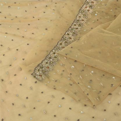 Sanskriti Vintage Indian Cream Sarees Net Hand Beaded Premium Sari Craft Fabric