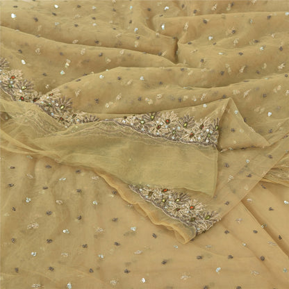 Sanskriti Vintage Indian Cream Sarees Net Hand Beaded Premium Sari Craft Fabric