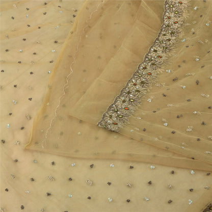 Sanskriti Vintage Indian Cream Sarees Net Hand Beaded Premium Sari Craft Fabric