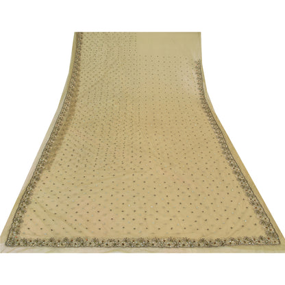 Sanskriti Vintage Indian Cream Sarees Net Hand Beaded Premium Sari Craft Fabric