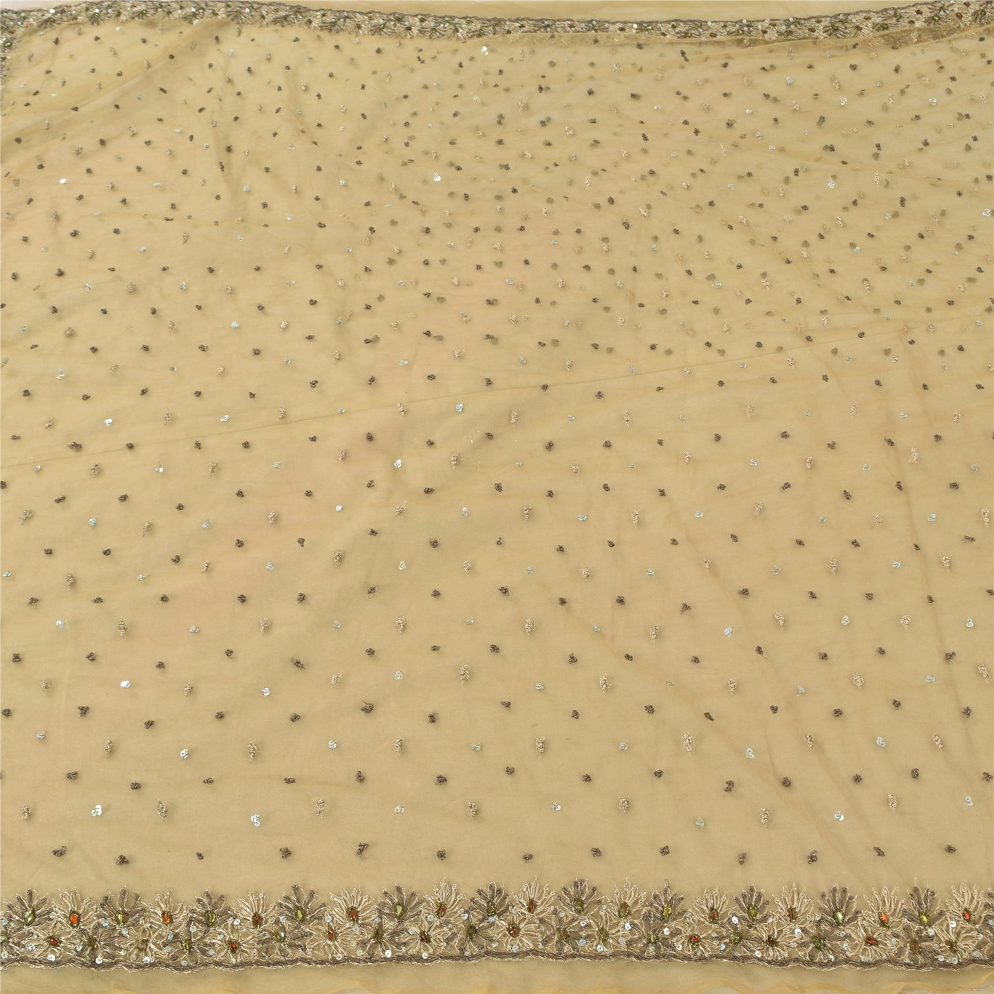 Sanskriti Vintage Indian Cream Sarees Net Hand Beaded Premium Sari Craft Fabric