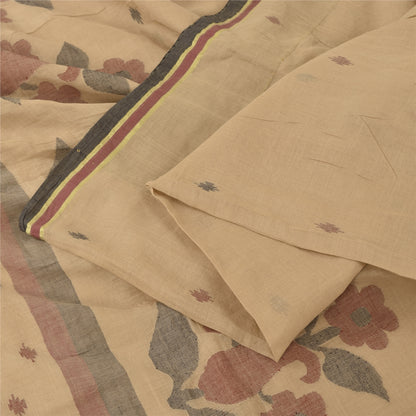 Sanskriti Vintage Indian Beige Sarees Pure Cotton Woven Sari Ethnic Craft Fabric