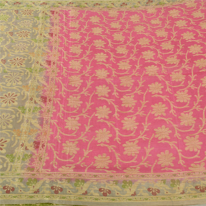 Sanskriti Vintage Beige/Pink Sarees Pure Silk Hand Woven Sari 6+ yd Craft Fabric