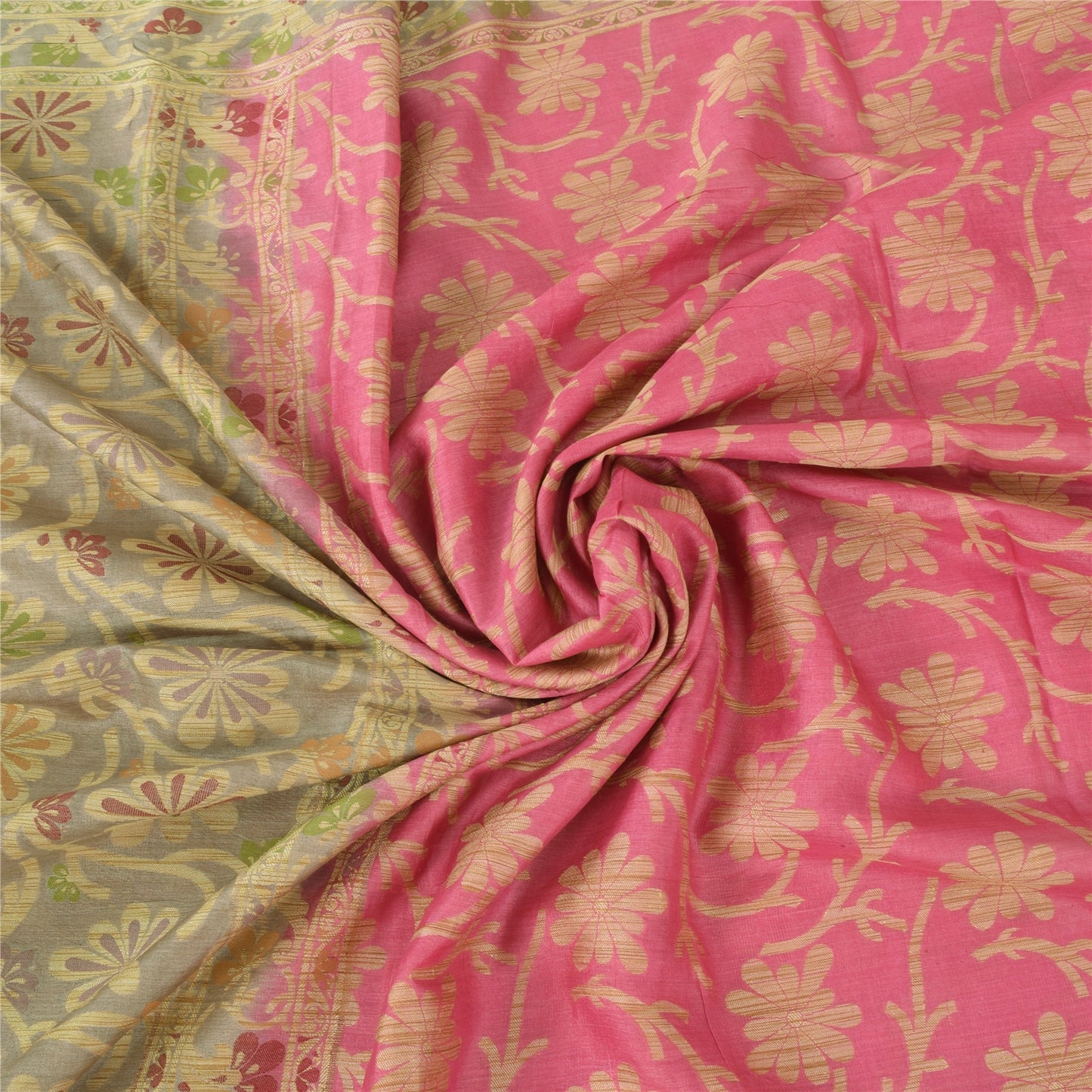 Sanskriti Vintage Beige/Pink Sarees Pure Silk Hand Woven Sari 6+ yd Craft Fabric