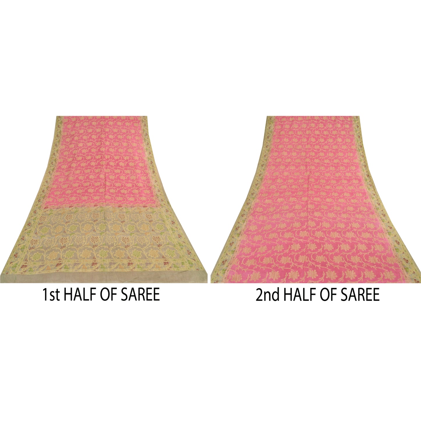 Sanskriti Vintage Beige/Pink Sarees Pure Silk Hand Woven Sari 6+ yd Craft Fabric