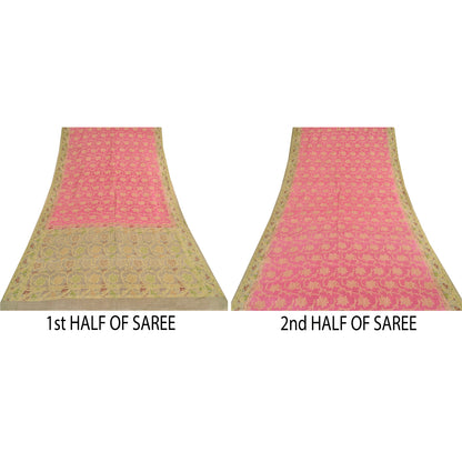 Sanskriti Vintage Beige/Pink Sarees Pure Silk Hand Woven Sari 6+ yd Craft Fabric