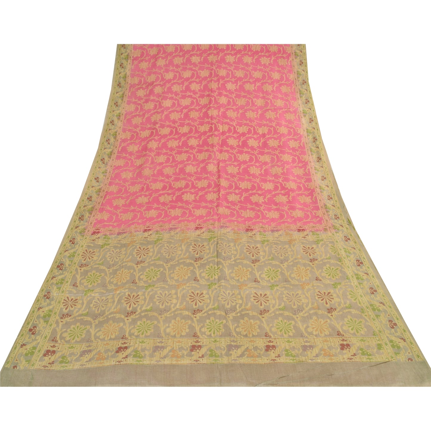 Sanskriti Vintage Beige/Pink Sarees Pure Silk Hand Woven Sari 6+ yd Craft Fabric